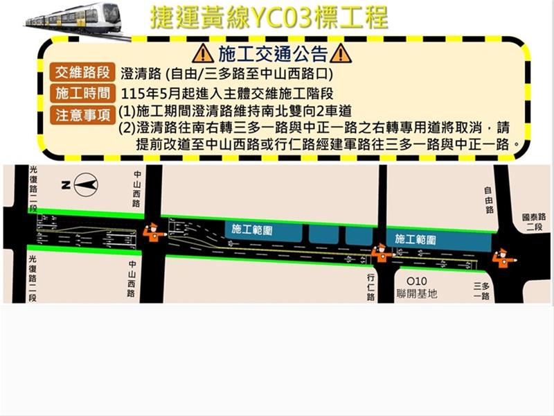 捷運黃線工程-澄清路段(自由/三多一路至光復路二段)將於 115 年 5 月起進入主體交維階段