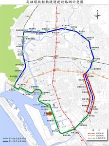 東臨港線（紅框範圍）係指輕軌二階C32至C37站間預定路段（共有六站），自北端中正一路（南凱旋公園）至南端二聖路口，總長約3公里，其中C37位處運作中的輕軌機廠東側。