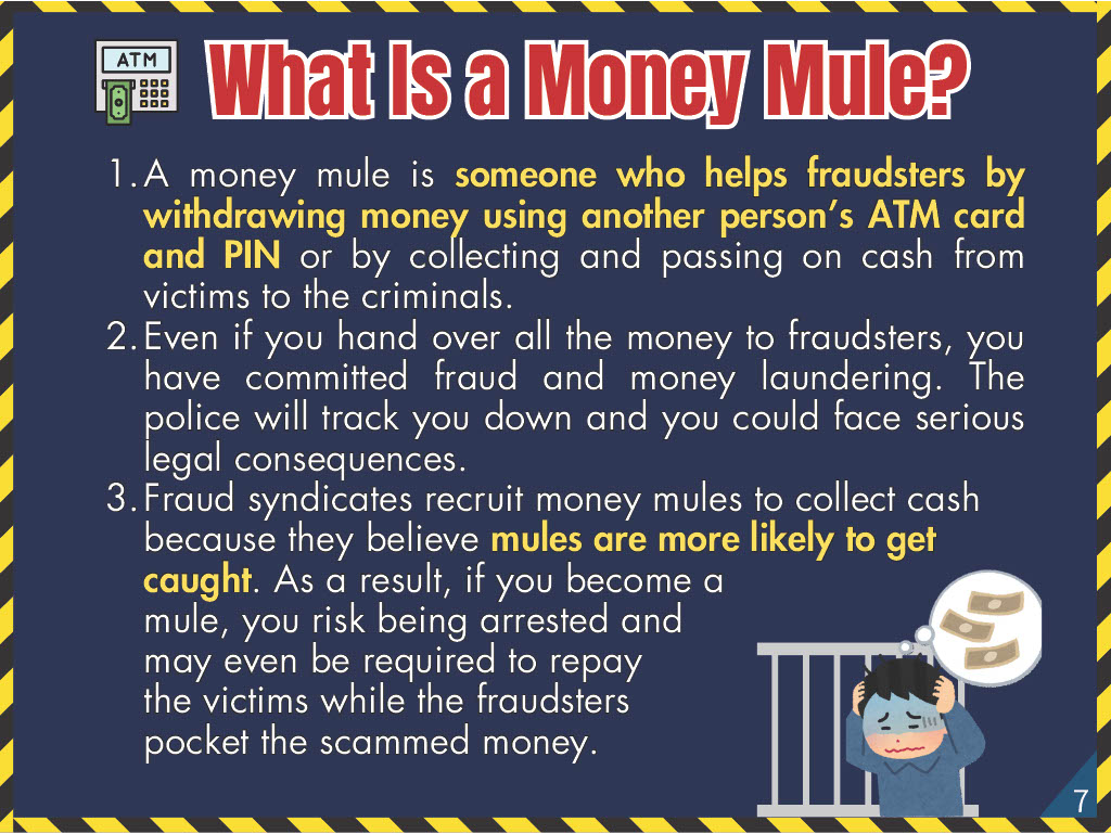What Is a Money Mule? 1. A money mule is someone who helps fraudsters by withdrawing money using another person’s ATM card and PIN or by collecting and passing on cash from victims to the criminals. 2. Even if you hand over all the money to fraudsters, you have committed fraud and money laundering. The police will track you down and you could face serious legal consequences. 3. Fraud syndicates recruit money mules to collect cash because they believe mules are more likely to get caught. As a result, if you become a mule, you risk being arrested and may even be required to repay the victims while the fraudsters pocket the scammed money.